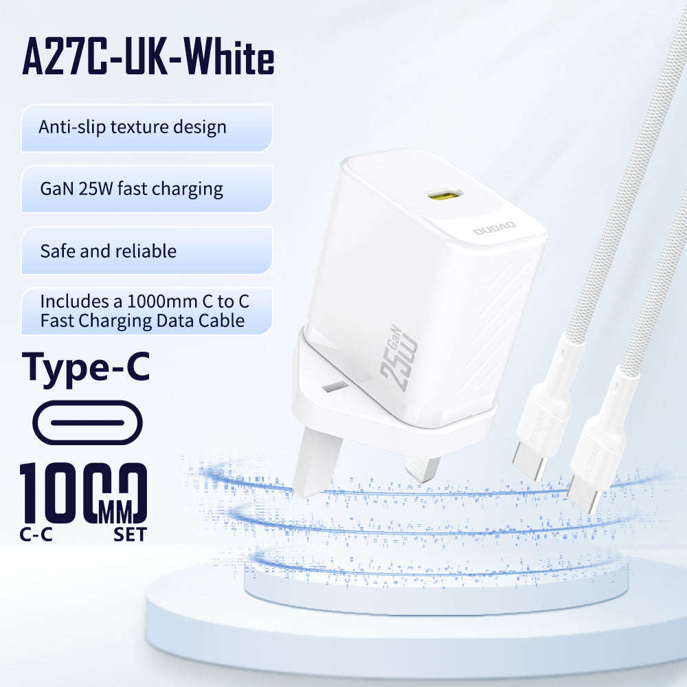 DUDAO A27CUK-W PD25W  GAN UK standard charger + type c to type c  cable set