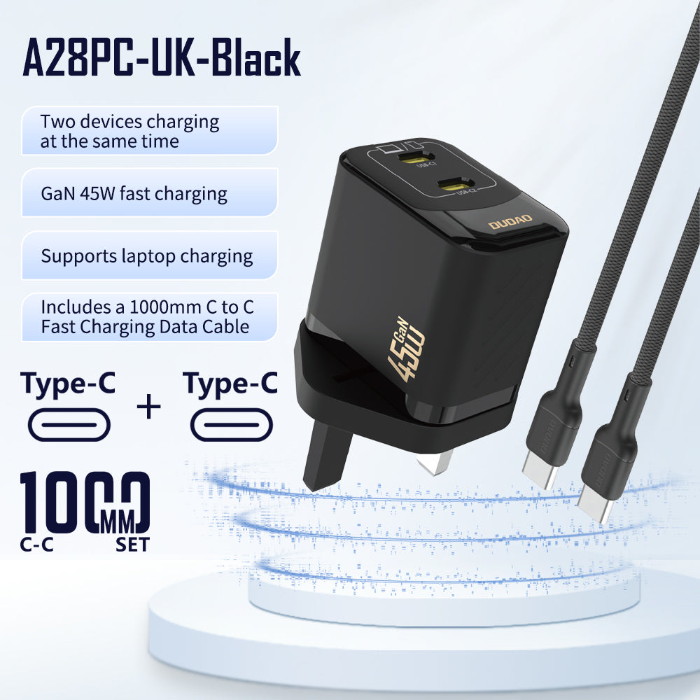 DUDAO A28PCUK-B PD45W USB-C+C CHARGER WITH TYPE C TO C CABLE