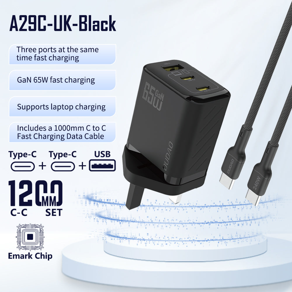 DUDAO A29CUK-B PD65W USB-A+C+C CHARGER WITH TYPE C TO C CABLE