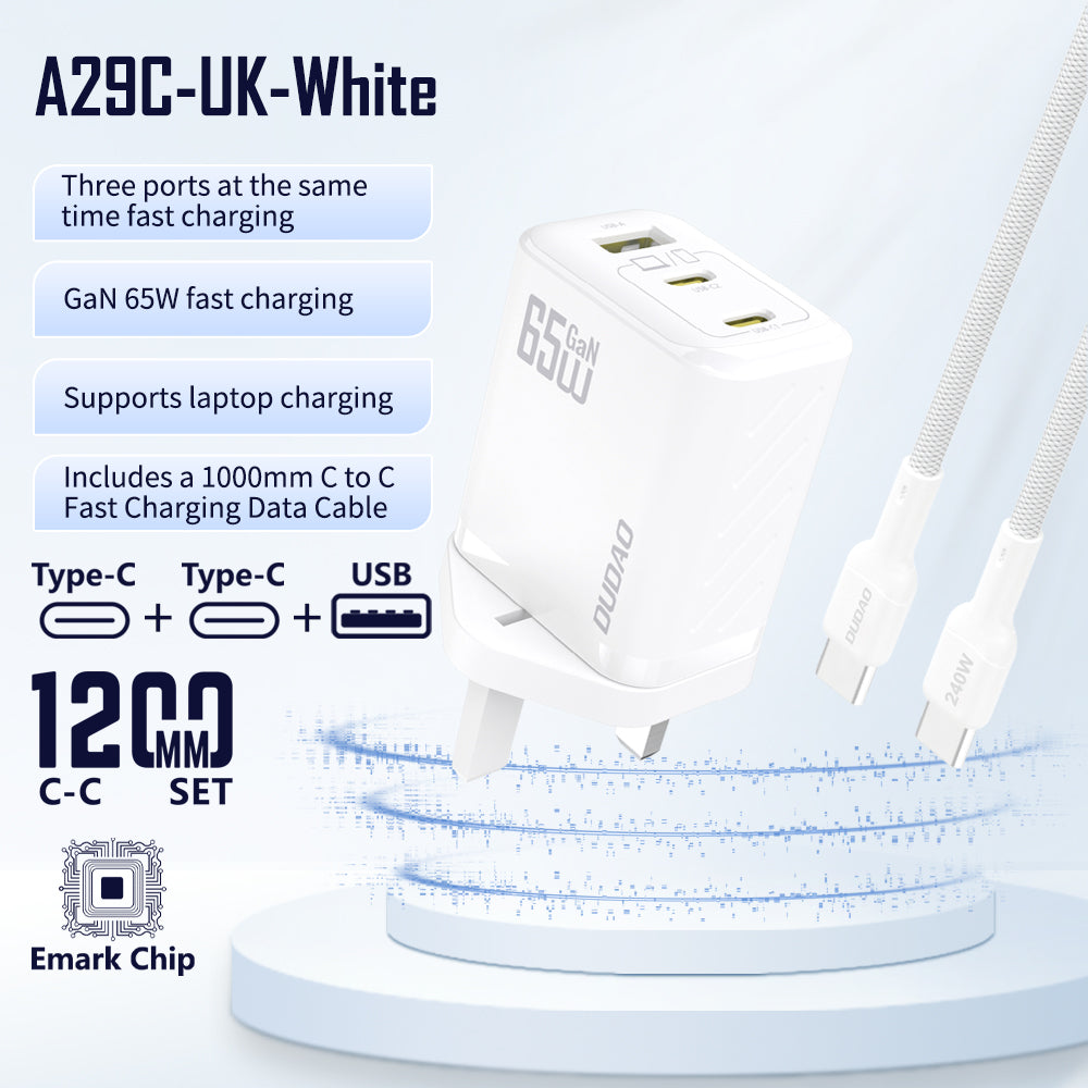 DUDAO A29CUK-W PD65W USB-A+C+C CHARGER WITH TYPE C TO C CABLE