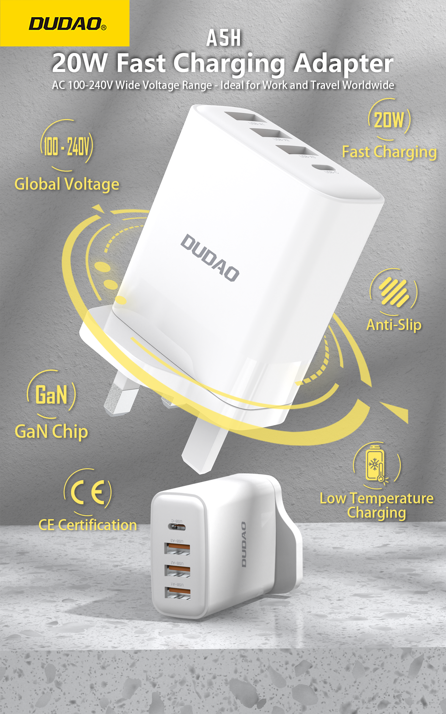 DUDAO A5HUK PD20W+QC18W UK plug USB-A*3+Type-C*1