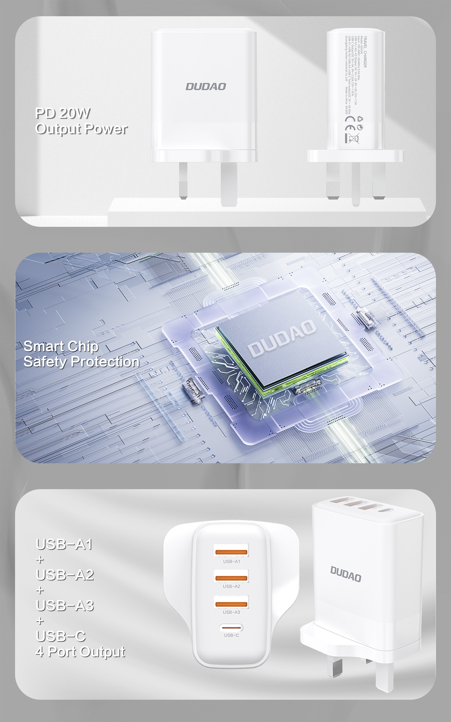 DUDAO A5HUK PD20W+QC18W UK plug USB-A*3+Type-C*1