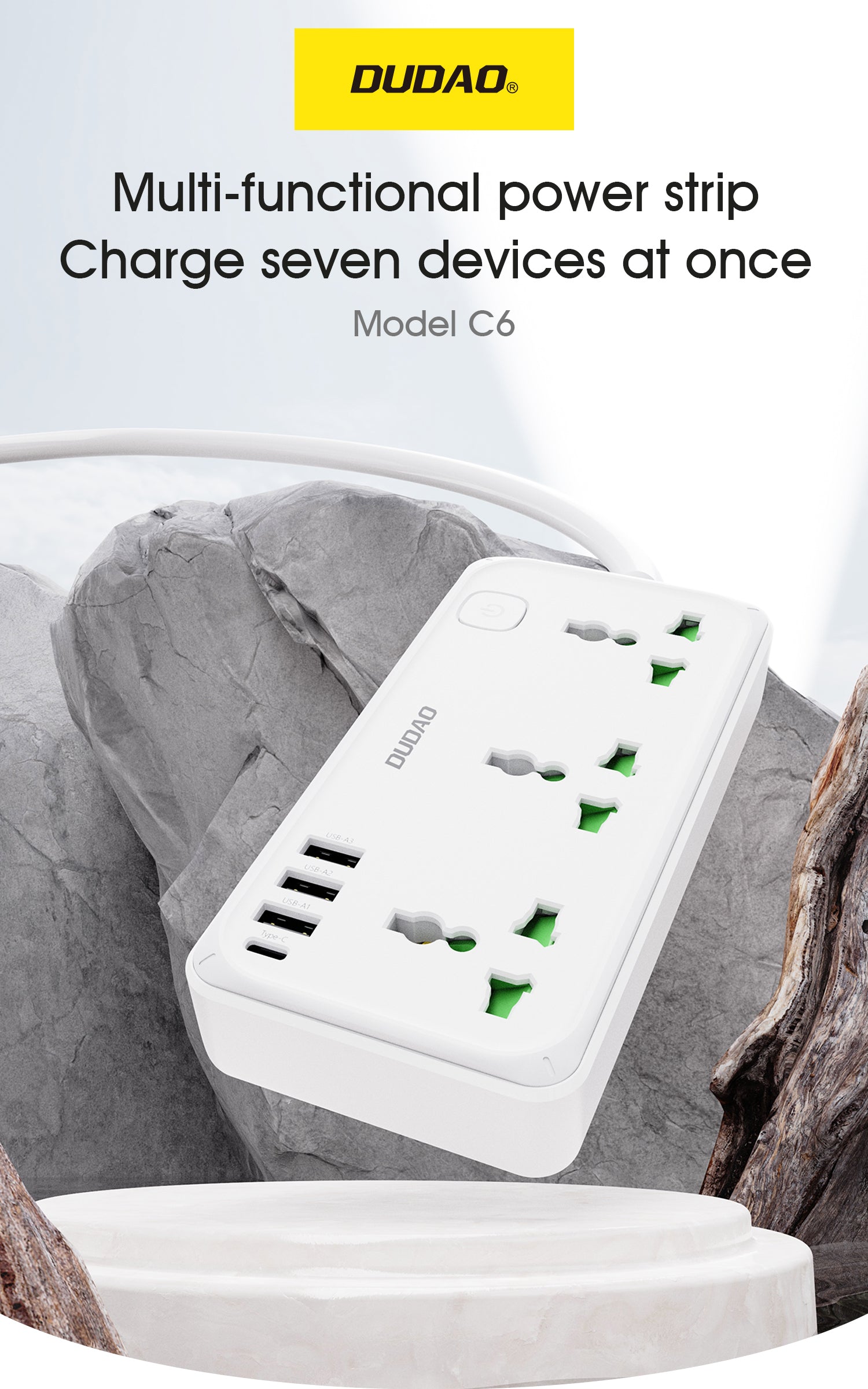 DUDAO C6UK-W2 2500W 7 IN 1 Function Outlet Extender socket USB*3+Type-C*1 3000mm（UK）