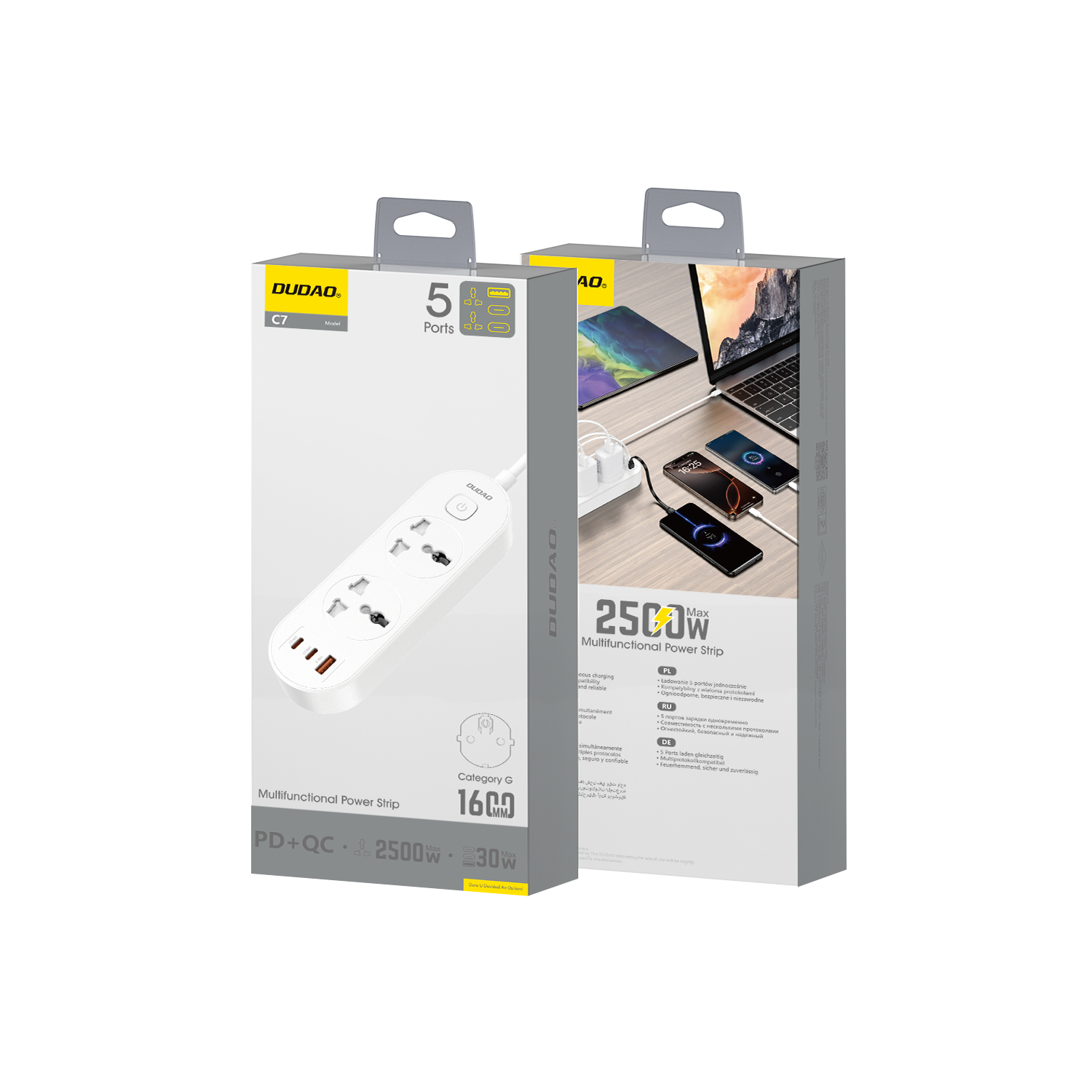 DUDAO C7UK-W1 2500W 5 IN 1 Function Outlet Extender socket USB*1+Type-C*2 1600mm（UK）