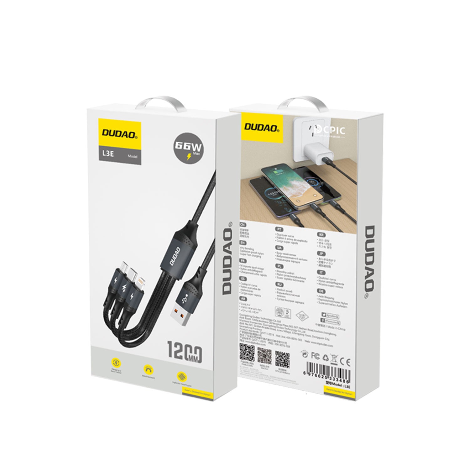 DUDAO  L3E 3 IN 1 60W fast charge USB A to type c + type c + lightning