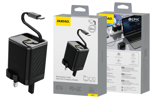 DUDAO A67UK-B1 PD+QC 67W GAN fast charger built-in retractable type- c cable （UK standard）